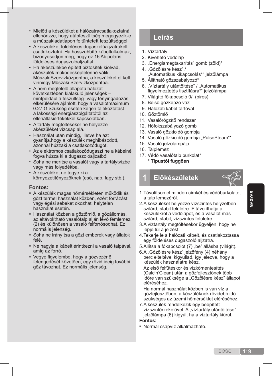 Leírás, Előkészületek | Bosch TDS372410E weiß grün Dampfstation Sensixx DS37 ProEnergy User Manual | Page 119 / 160
