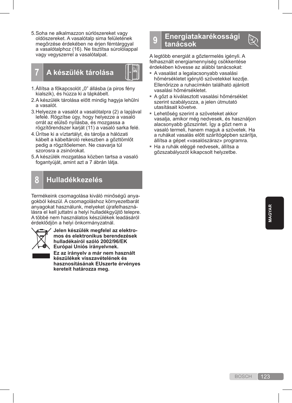 A készülék tárolása, Hulladékkezelés, Energiatakarékossági tanácsok | Bosch TDS372410E weiß grün Dampfstation Sensixx DS37 ProEnergy User Manual | Page 123 / 160