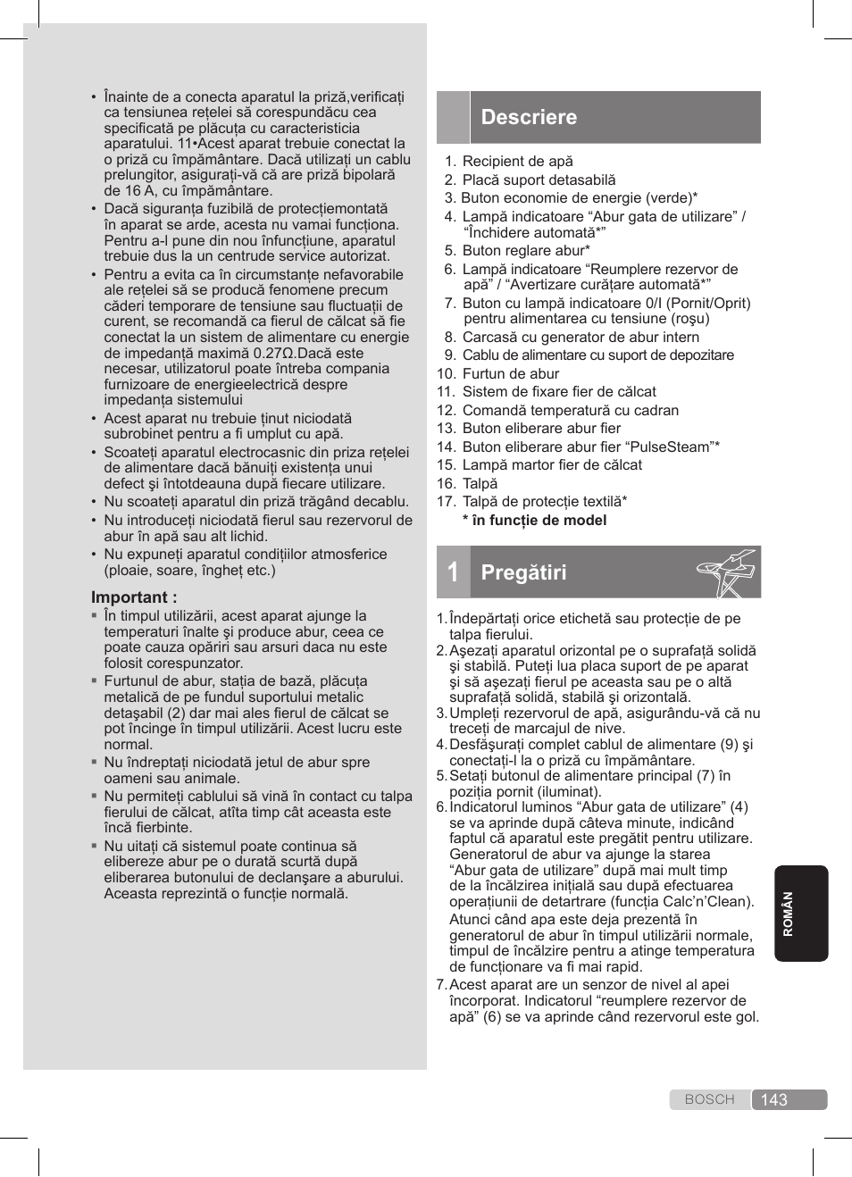 Descriere, Pregătiri | Bosch TDS372410E weiß grün Dampfstation Sensixx DS37 ProEnergy User Manual | Page 143 / 160