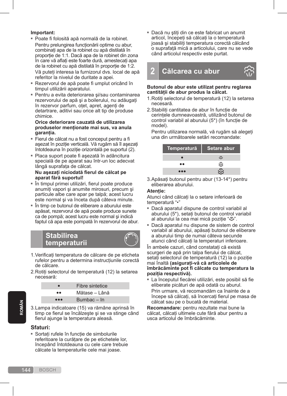 Stabilirea temperaturii, Călcarea cu abur | Bosch TDS372410E weiß grün Dampfstation Sensixx DS37 ProEnergy User Manual | Page 144 / 160