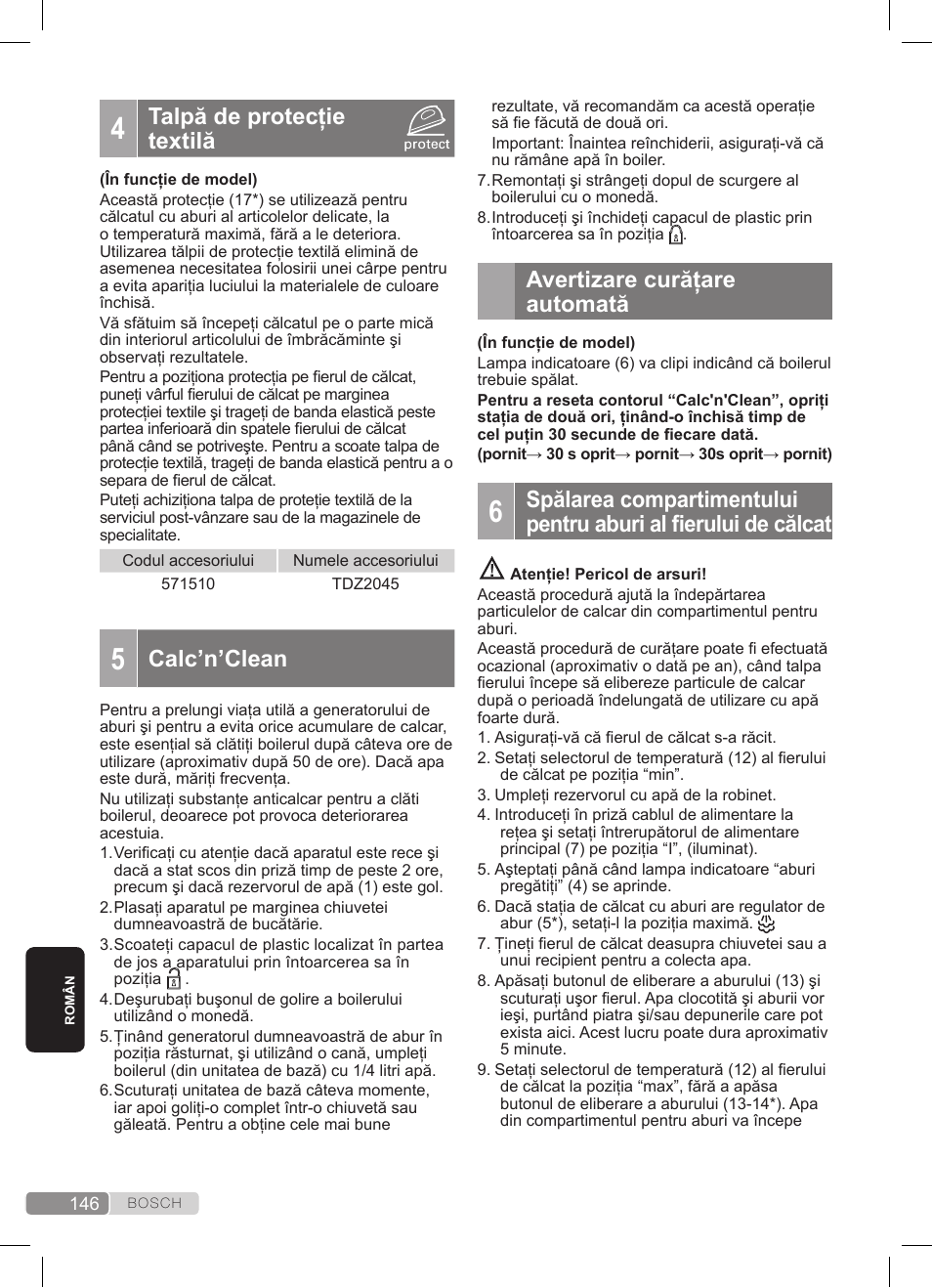 Talpă de protecţie textilă, Calc’n’clean, Avertizare curăţare automată | Bosch TDS372410E weiß grün Dampfstation Sensixx DS37 ProEnergy User Manual | Page 146 / 160