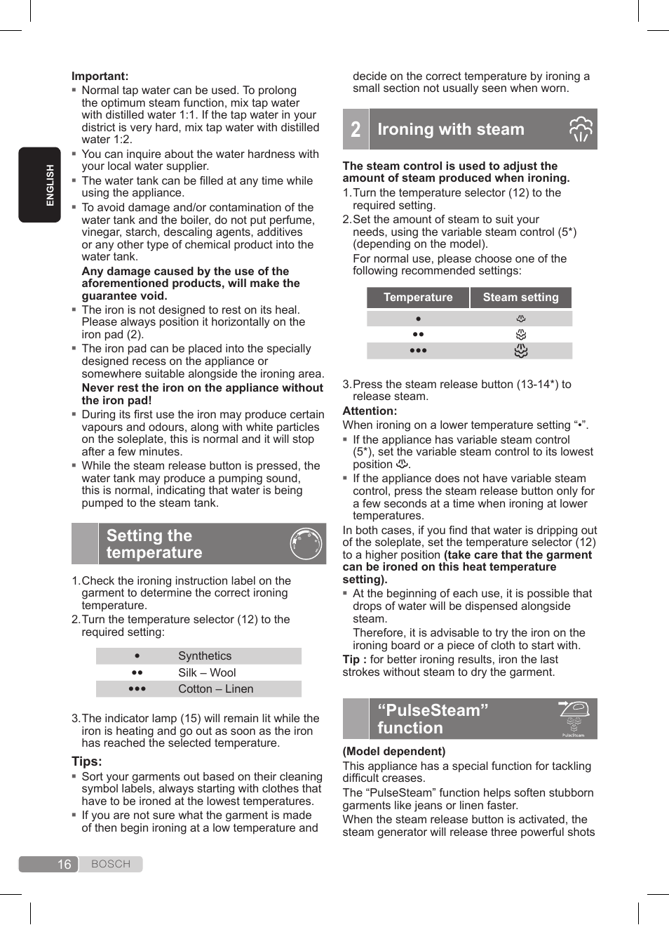 Setting the temperature, Ironing with steam, Pulsesteam” function | Bosch TDS372410E weiß grün Dampfstation Sensixx DS37 ProEnergy User Manual | Page 16 / 160