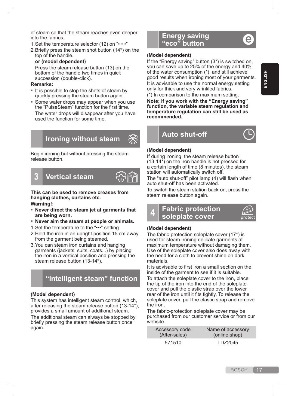 Ironing without steam, Vertical steam, Intelligent steam” function | Energy saving “eco” button, Auto shut-off, Fabric protection soleplate cover | Bosch TDS372410E weiß grün Dampfstation Sensixx DS37 ProEnergy User Manual | Page 17 / 160