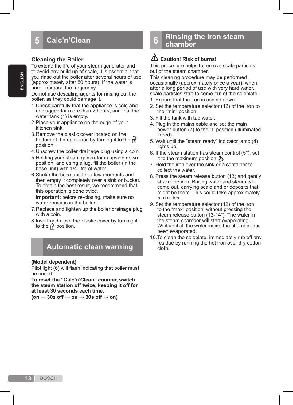 Calc’n’clean, Automatic clean warning, Rinsing the iron steam chamber | Bosch TDS372410E weiß grün Dampfstation Sensixx DS37 ProEnergy User Manual | Page 18 / 160