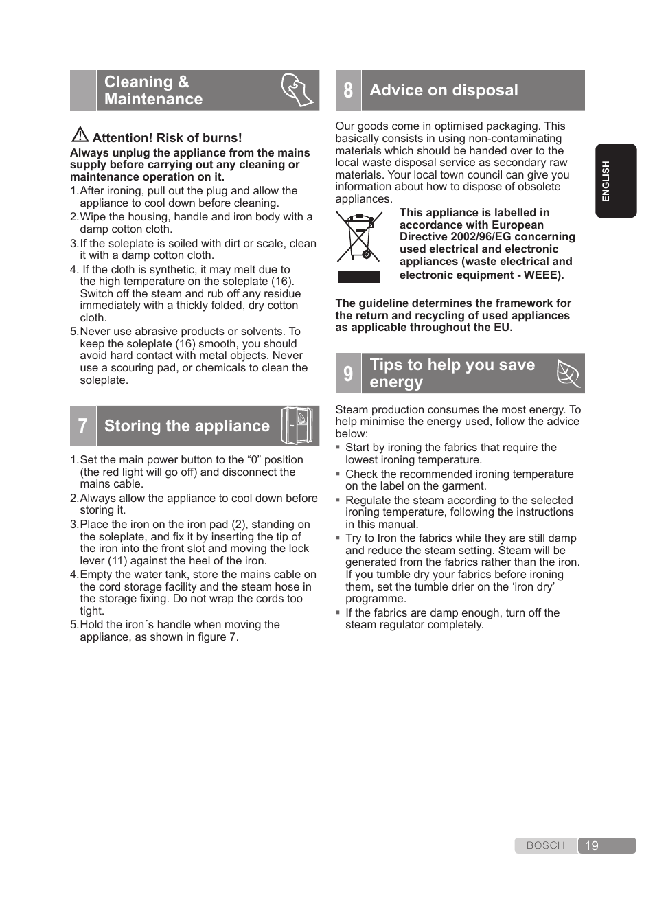 Cleaning & maintenance, Storing the appliance, Advice on disposal | Tips to help you save energy | Bosch TDS372410E weiß grün Dampfstation Sensixx DS37 ProEnergy User Manual | Page 19 / 160