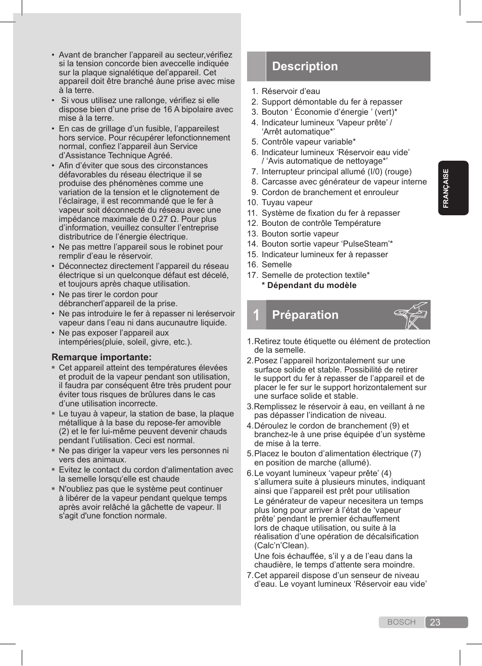 Description, Préparation | Bosch TDS372410E weiß grün Dampfstation Sensixx DS37 ProEnergy User Manual | Page 23 / 160