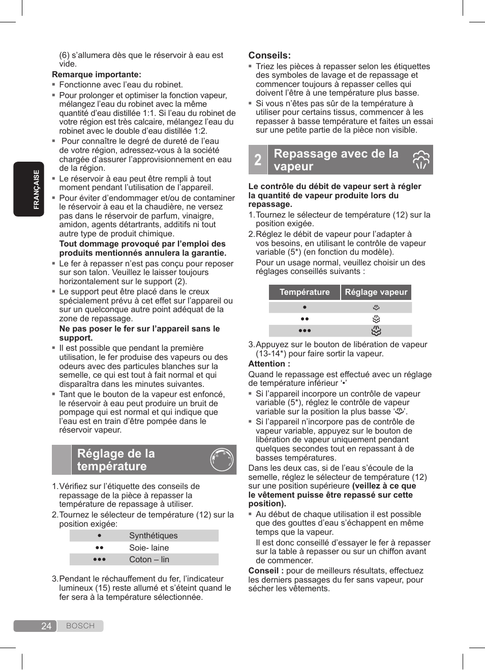 Réglage de la température, Repassage avec de la vapeur | Bosch TDS372410E weiß grün Dampfstation Sensixx DS37 ProEnergy User Manual | Page 24 / 160