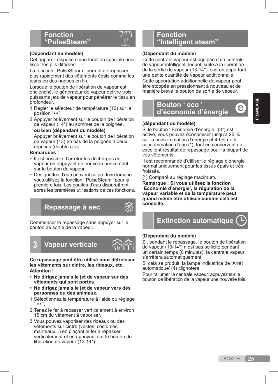 Fonction “pulsesteam, Repassage à sec, Vapeur verticale | Fonction “intelligent steam, Bouton ‘ eco ’ d’économie d’énergie, Extinction automatique | Bosch TDS372410E weiß grün Dampfstation Sensixx DS37 ProEnergy User Manual | Page 25 / 160