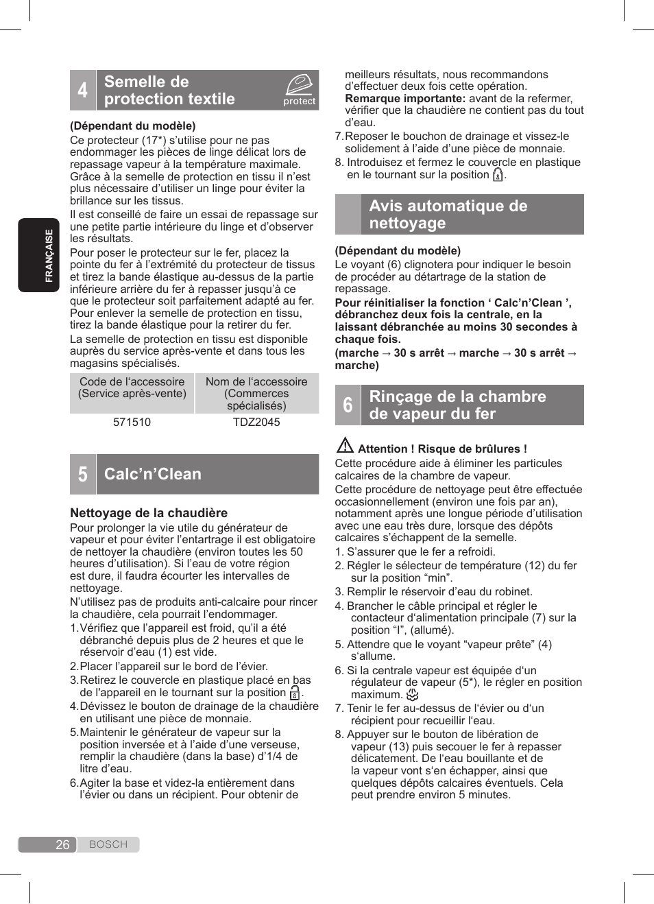 Semelle de protection textile, Calc’n’clean, Avis automatique de nettoyage | Rinçage de la chambre de vapeur du fer | Bosch TDS372410E weiß grün Dampfstation Sensixx DS37 ProEnergy User Manual | Page 26 / 160