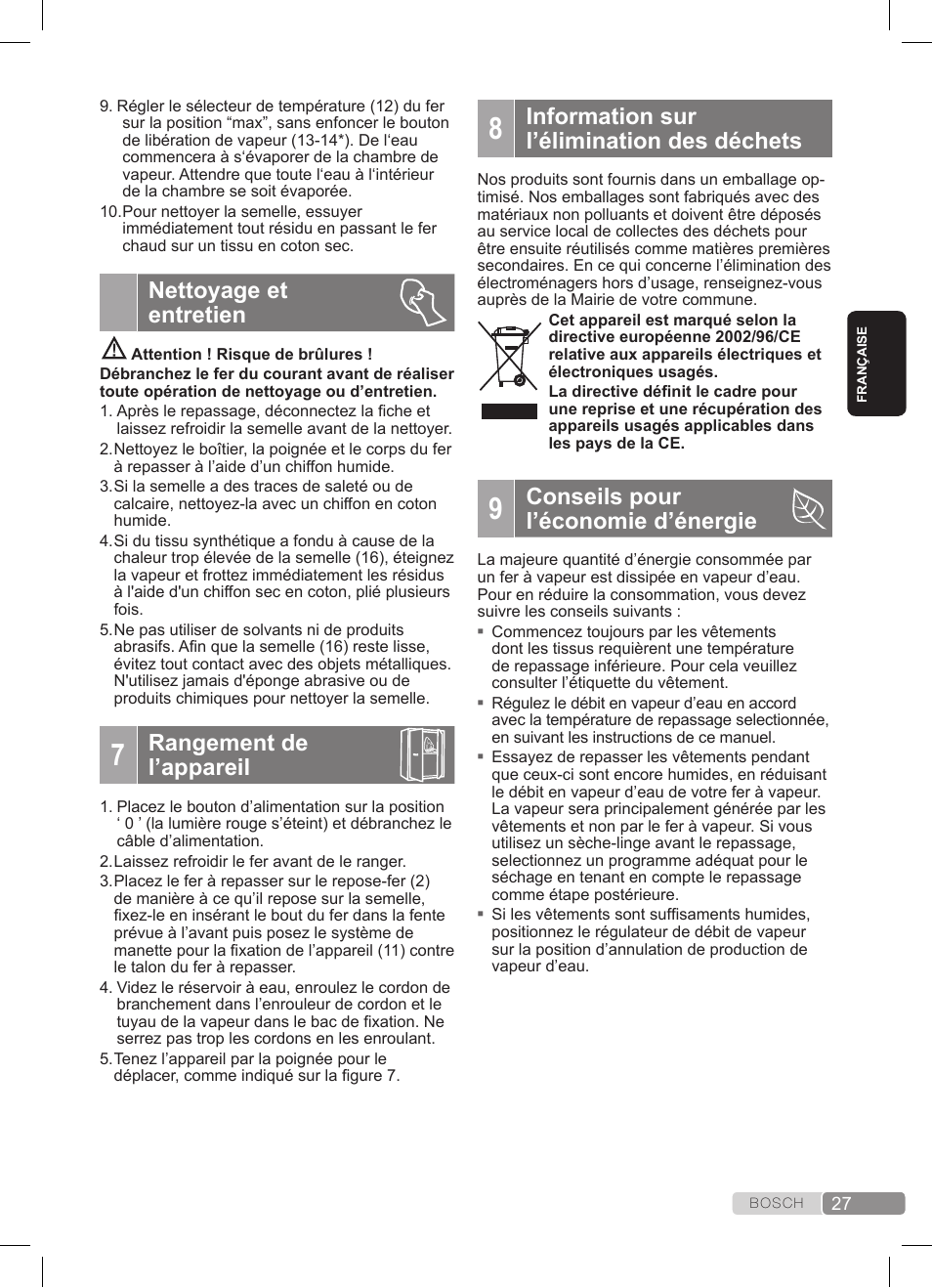 Nettoyage et entretien, Rangement de l’appareil, Information sur l’élimination des déchets | Conseils pour l’économie d’énergie | Bosch TDS372410E weiß grün Dampfstation Sensixx DS37 ProEnergy User Manual | Page 27 / 160