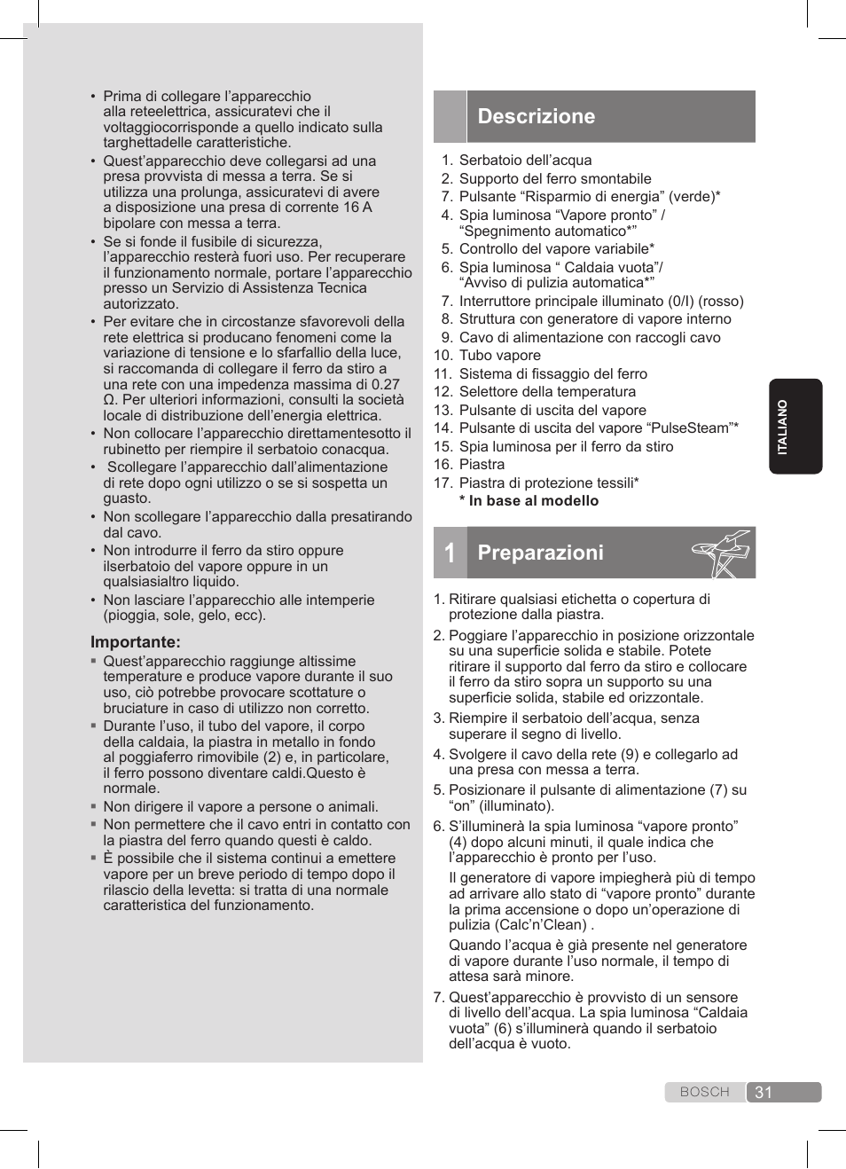 Descrizione, Preparazioni | Bosch TDS372410E weiß grün Dampfstation Sensixx DS37 ProEnergy User Manual | Page 31 / 160