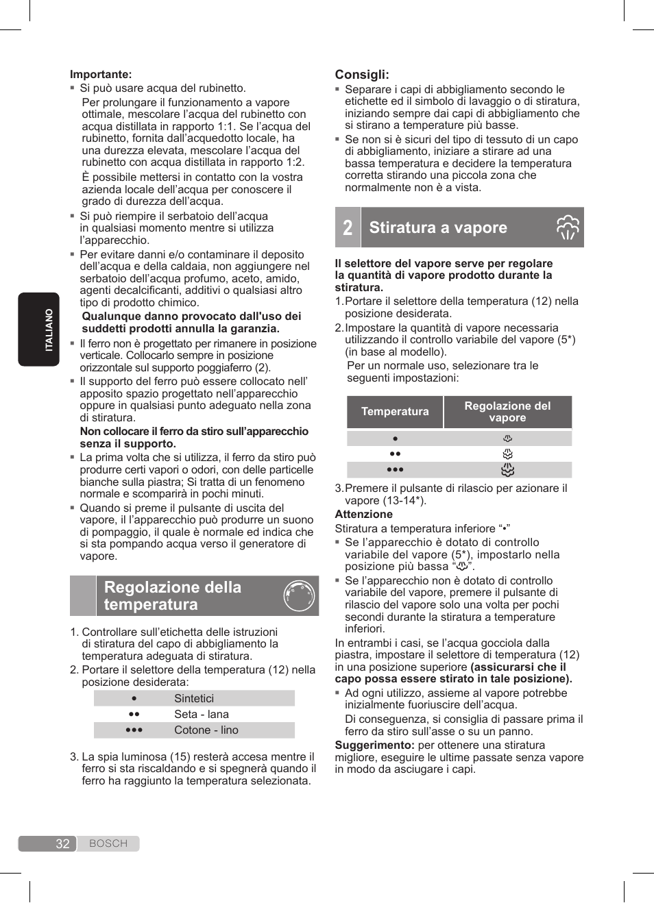 Regolazione della temperatura, Stiratura a vapore | Bosch TDS372410E weiß grün Dampfstation Sensixx DS37 ProEnergy User Manual | Page 32 / 160
