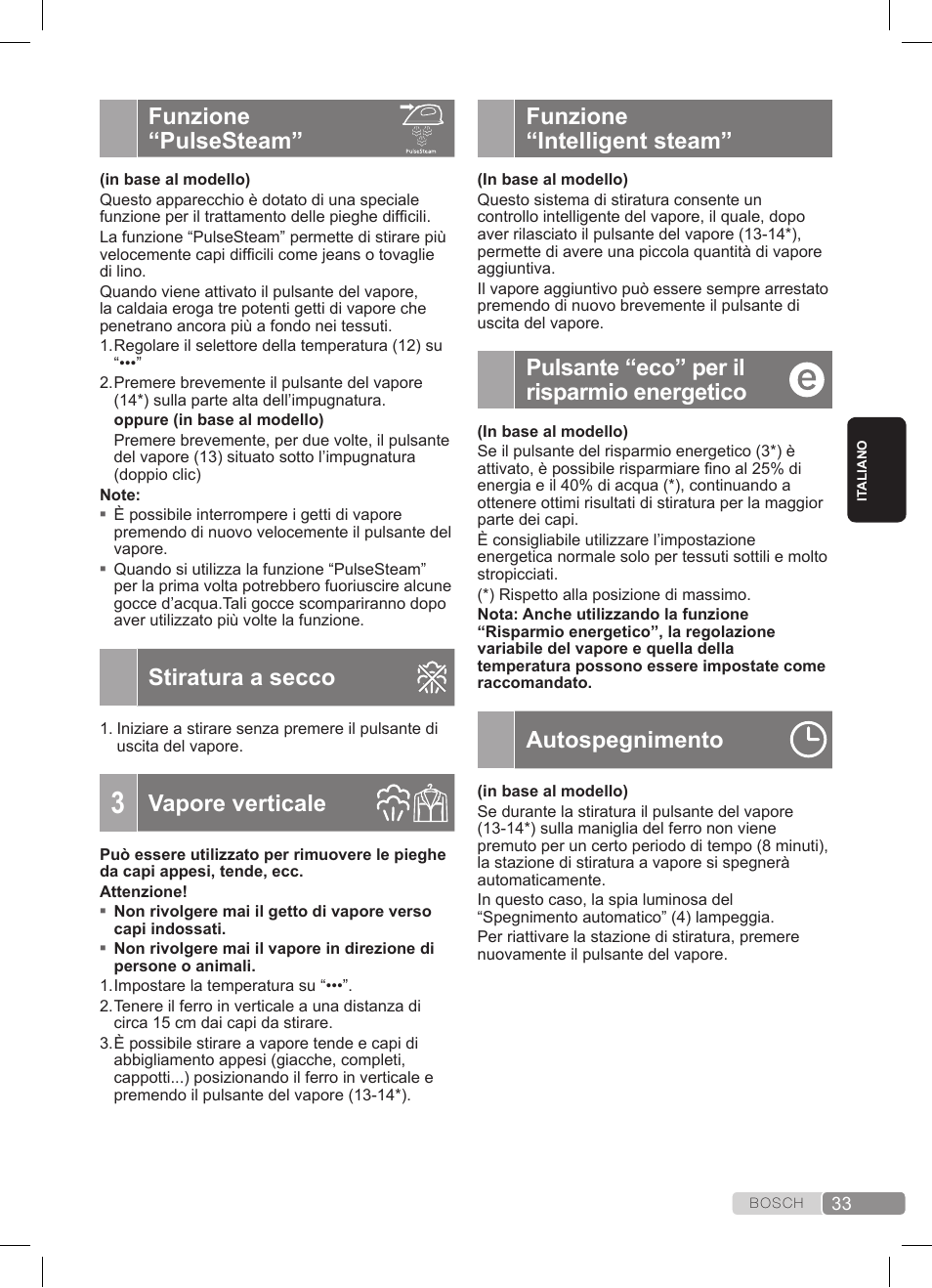 Funzione “pulsesteam, Stiratura a secco, Vapore verticale | Funzione “intelligent steam, Pulsante “eco” per il risparmio energetico, Autospegnimento | Bosch TDS372410E weiß grün Dampfstation Sensixx DS37 ProEnergy User Manual | Page 33 / 160