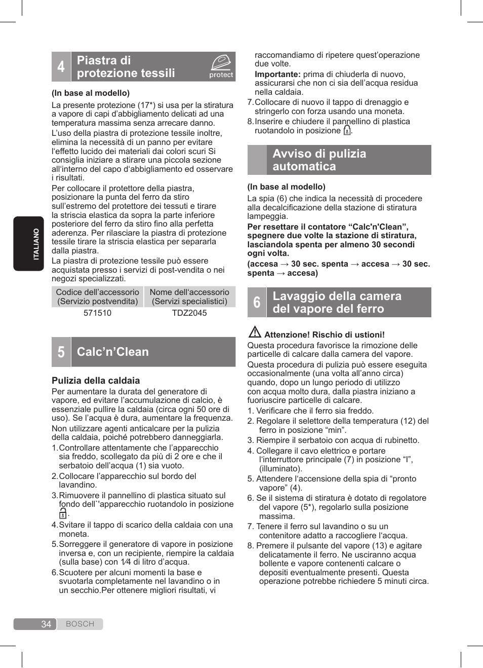 Piastra di protezione tessili, Calc’n’clean, Avviso di pulizia automatica | Lavaggio della camera del vapore del ferro | Bosch TDS372410E weiß grün Dampfstation Sensixx DS37 ProEnergy User Manual | Page 34 / 160
