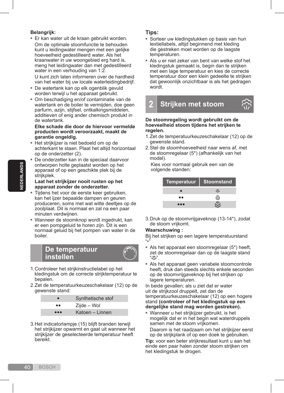 De temperatuur instellen, Strijken met stoom | Bosch TDS372410E weiß grün Dampfstation Sensixx DS37 ProEnergy User Manual | Page 40 / 160