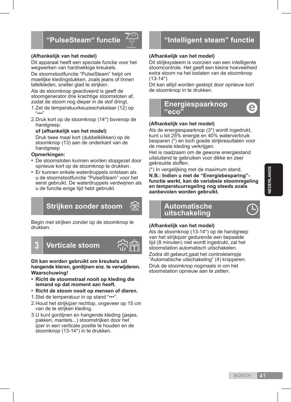 Pulsesteam“ functie, Strijken zonder stoom, Verticale stoom | Intelligent steam” functie, Energiespaarknop “eco, Automatische uitschakeling | Bosch TDS372410E weiß grün Dampfstation Sensixx DS37 ProEnergy User Manual | Page 41 / 160
