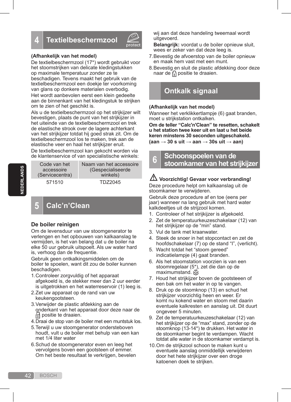 Textielbeschermzool, Calc’n’clean, Ontkalk signaal | Bosch TDS372410E weiß grün Dampfstation Sensixx DS37 ProEnergy User Manual | Page 42 / 160