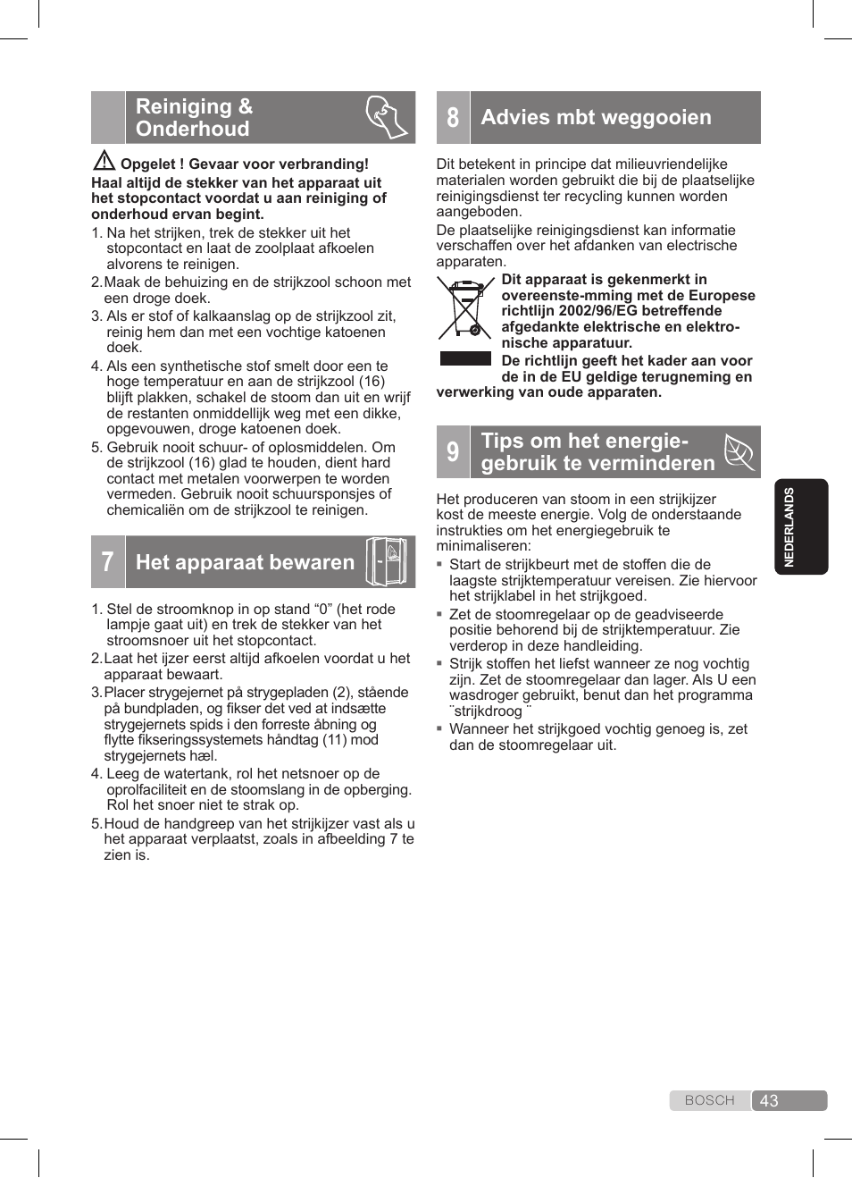 Reiniging & onderhoud, Het apparaat bewaren, Advies mbt weggooien | Tips om het energie- gebruik te verminderen | Bosch TDS372410E weiß grün Dampfstation Sensixx DS37 ProEnergy User Manual | Page 43 / 160