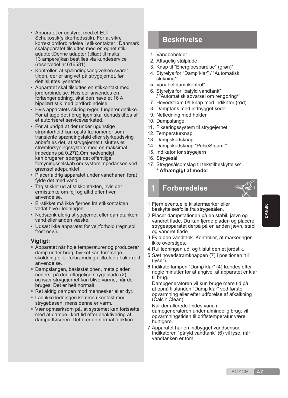 Beskrivelse, Forberedelse | Bosch TDS372410E weiß grün Dampfstation Sensixx DS37 ProEnergy User Manual | Page 47 / 160