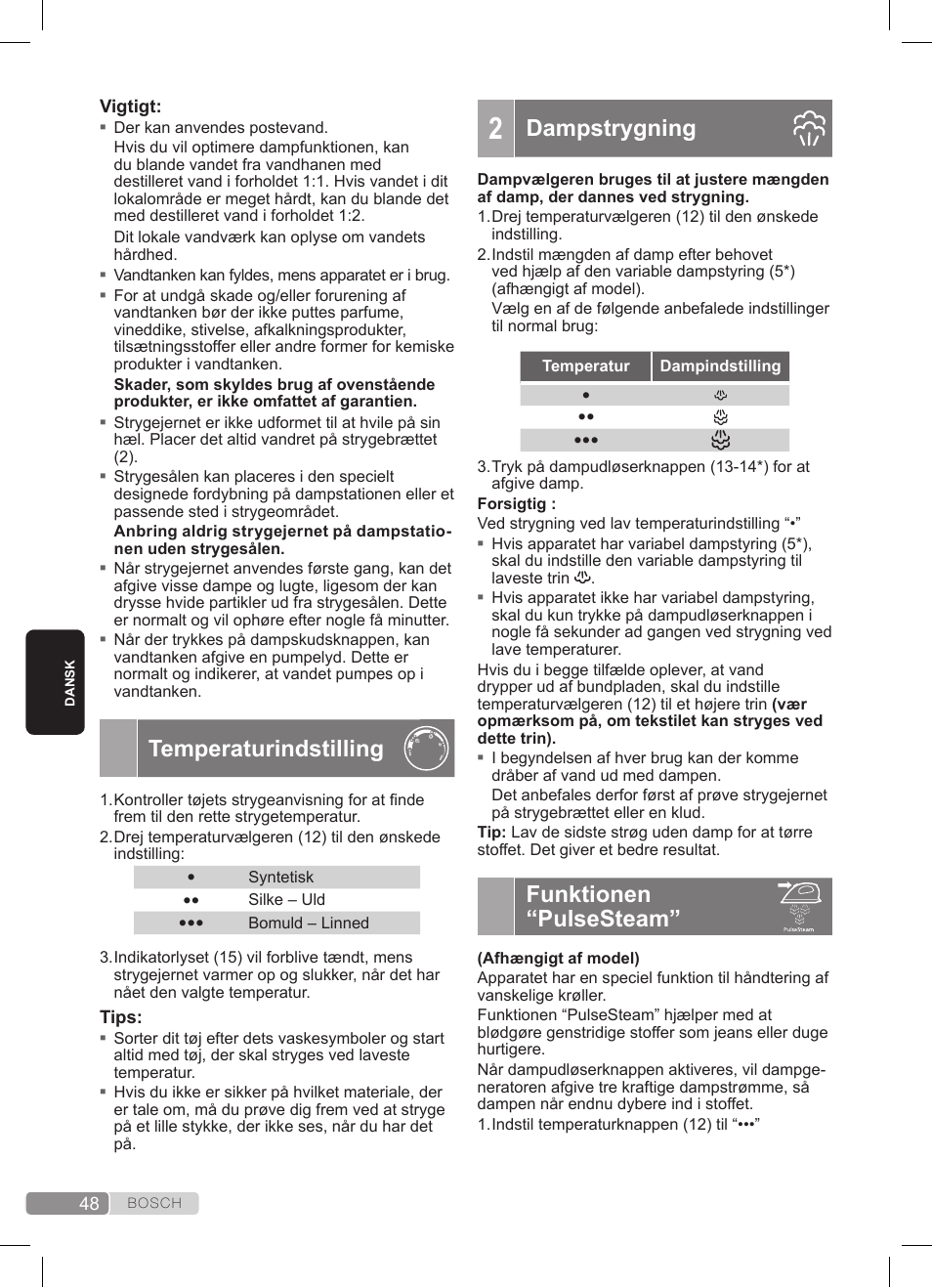 Temperaturindstilling, Dampstrygning, Funktionen “pulsesteam | Bosch TDS372410E weiß grün Dampfstation Sensixx DS37 ProEnergy User Manual | Page 48 / 160
