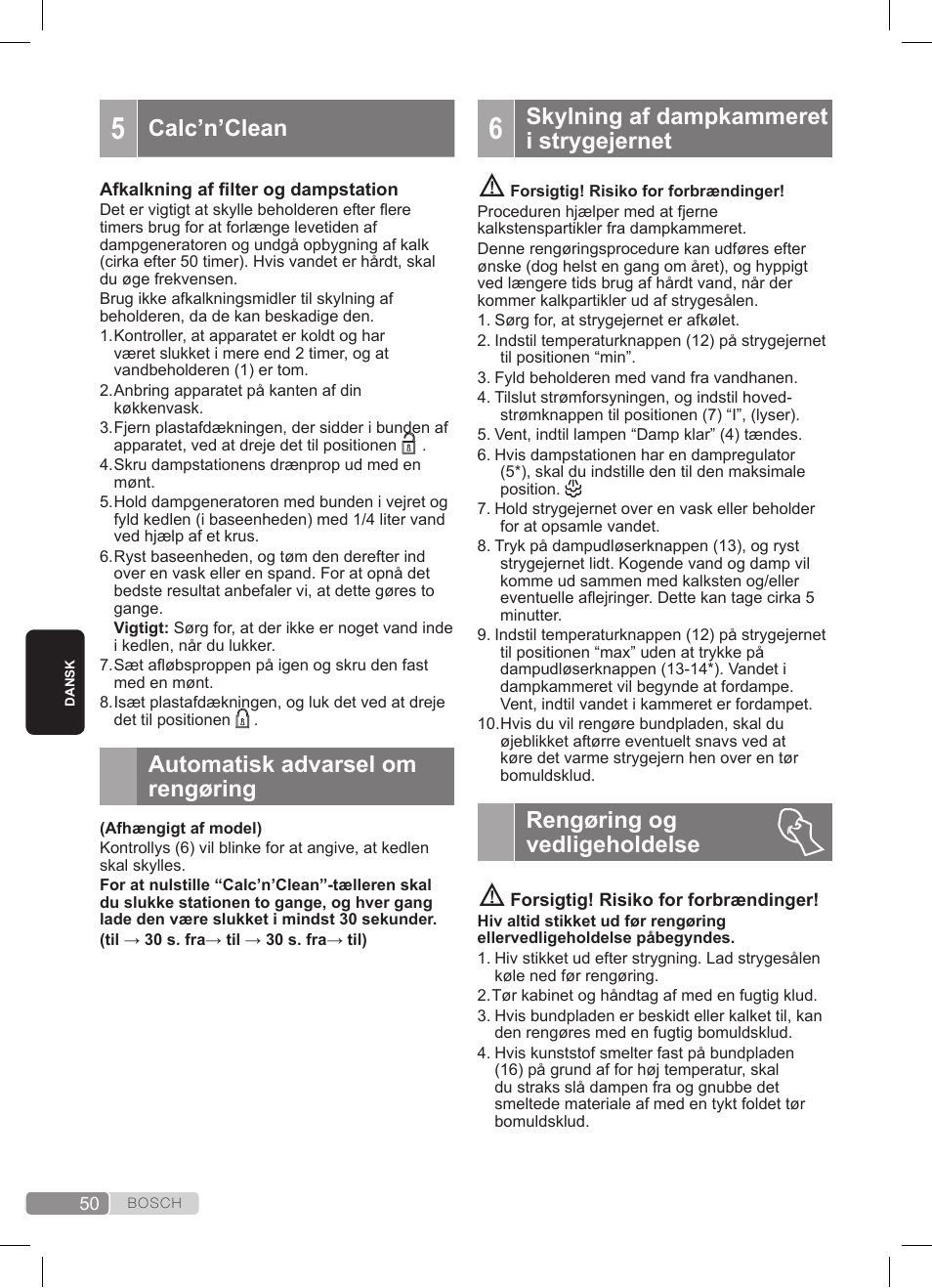 Calc’n’clean, Automatisk advarsel om rengøring, Skylning af dampkammeret i strygejernet | Rengøring og vedligeholdelse | Bosch TDS372410E weiß grün Dampfstation Sensixx DS37 ProEnergy User Manual | Page 50 / 160