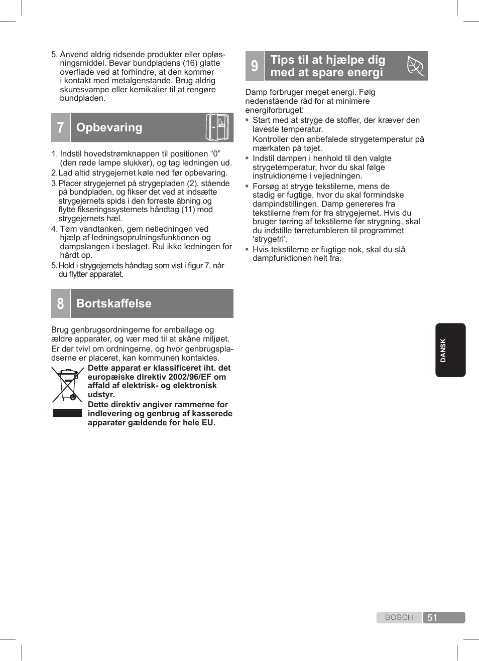 Opbevaring, Bortskaffelse, Tips til at hjælpe dig med at spare energi | Bosch TDS372410E weiß grün Dampfstation Sensixx DS37 ProEnergy User Manual | Page 51 / 160