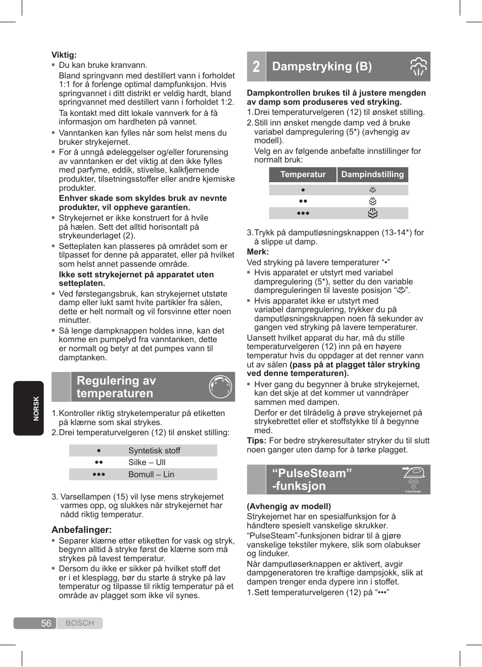 Regulering av temperaturen, Dampstryking (b), Pulsesteam” -funksjon | Bosch TDS372410E weiß grün Dampfstation Sensixx DS37 ProEnergy User Manual | Page 56 / 160