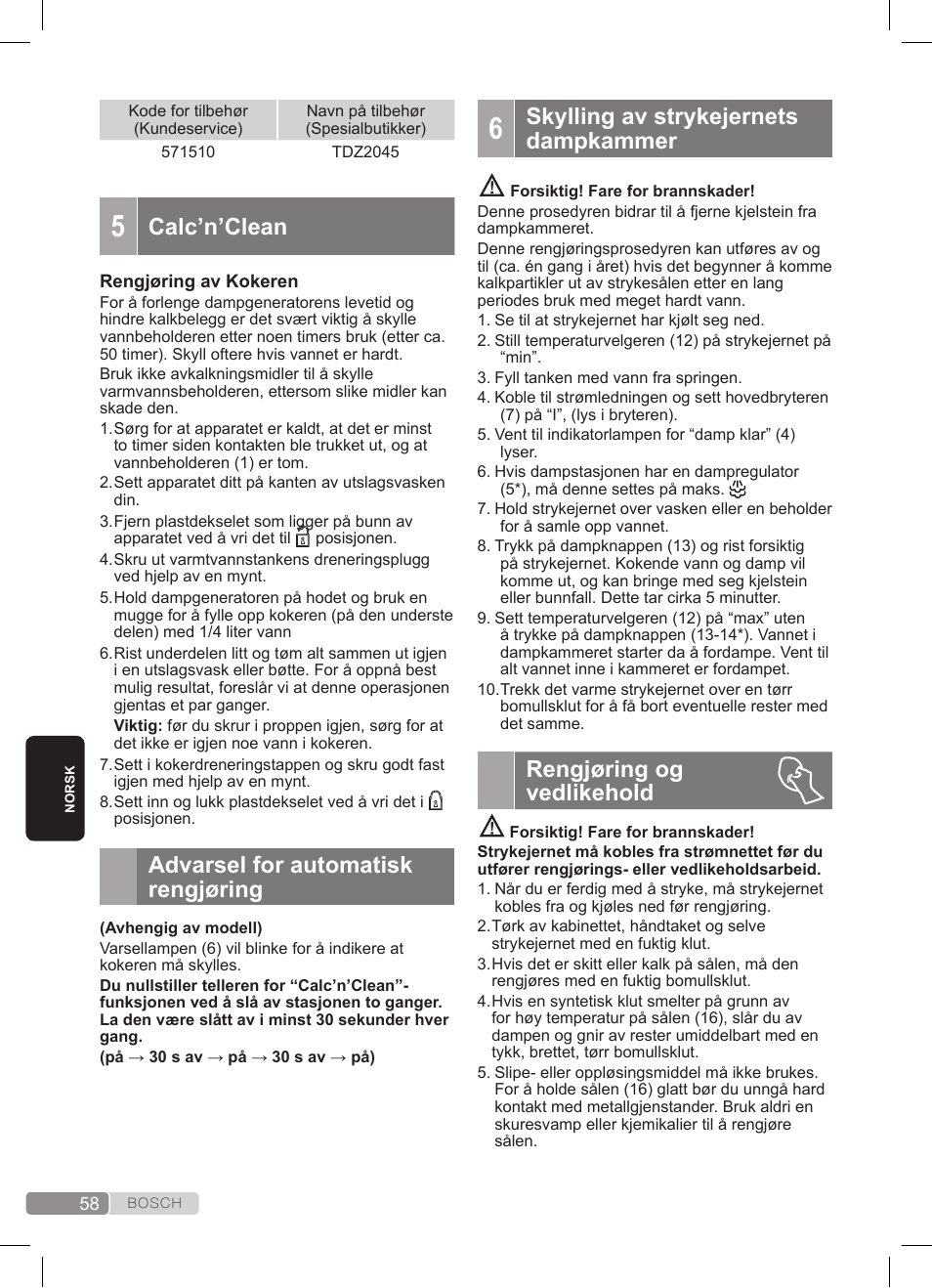 Calc’n’clean, Advarsel for automatisk rengjøring, Skylling av strykejernets dampkammer | Rengjøring og vedlikehold | Bosch TDS372410E weiß grün Dampfstation Sensixx DS37 ProEnergy User Manual | Page 58 / 160