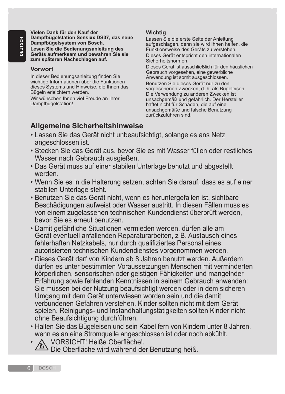 Bosch TDS372410E weiß grün Dampfstation Sensixx DS37 ProEnergy User Manual | Page 6 / 160
