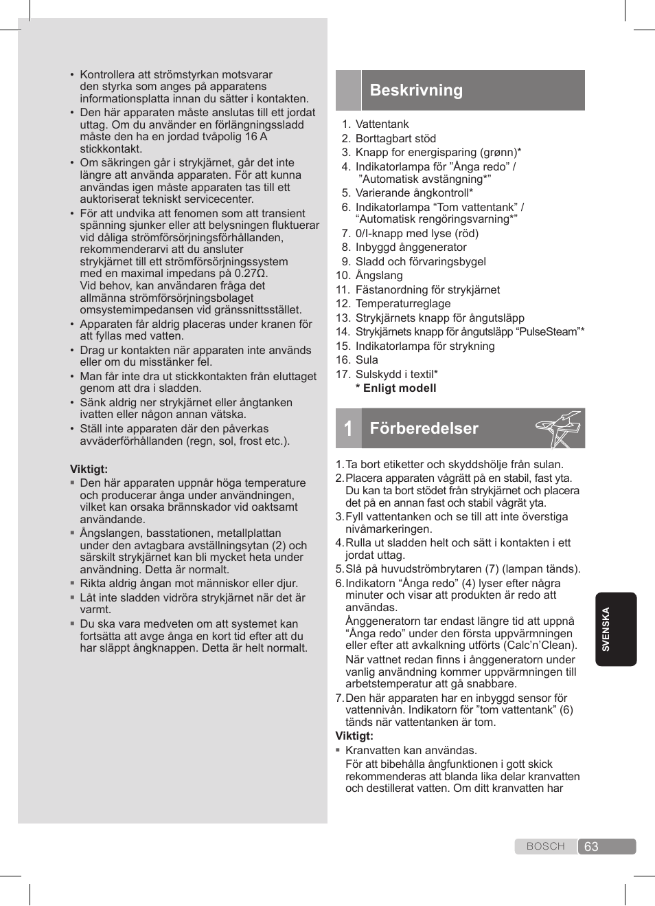 Beskrivning, Förberedelser | Bosch TDS372410E weiß grün Dampfstation Sensixx DS37 ProEnergy User Manual | Page 63 / 160