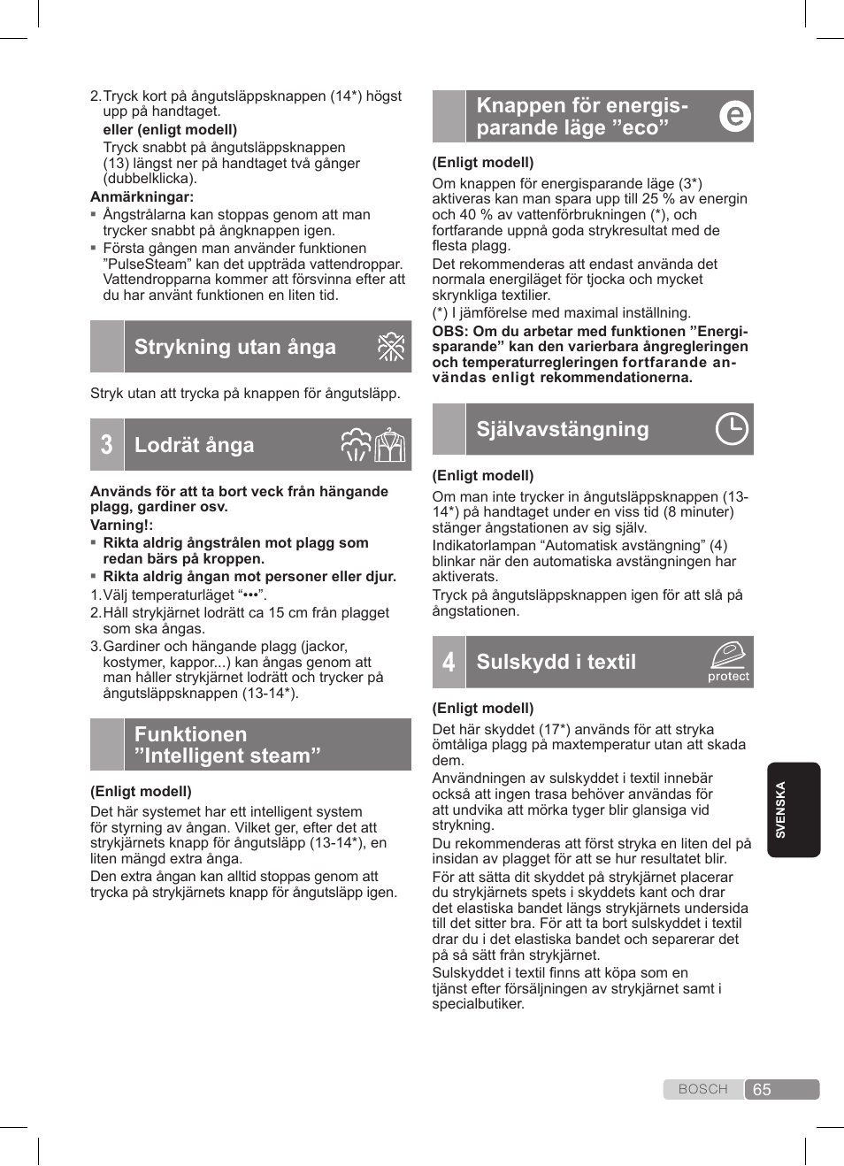 Strykning utan ånga, Lodrät ånga, Funktionen ”intelligent steam | Knappen för energis- parande läge ”eco, Självavstängning, Sulskydd i textil | Bosch TDS372410E weiß grün Dampfstation Sensixx DS37 ProEnergy User Manual | Page 65 / 160