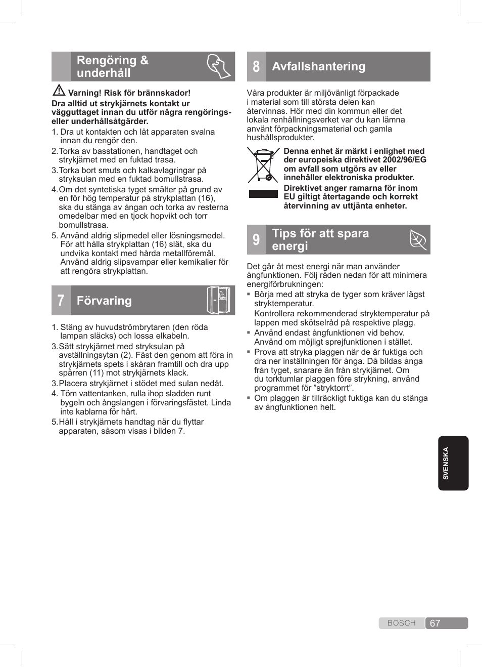 Rengöring & underhåll, Förvaring, Avfallshantering | Tips för att spara energi | Bosch TDS372410E weiß grün Dampfstation Sensixx DS37 ProEnergy User Manual | Page 67 / 160