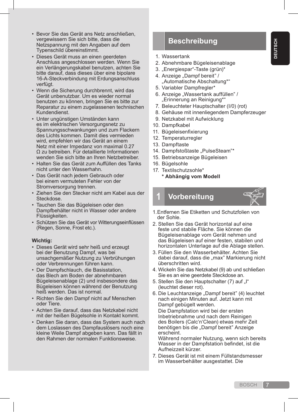 Beschreibung, Vorbereitung | Bosch TDS372410E weiß grün Dampfstation Sensixx DS37 ProEnergy User Manual | Page 7 / 160