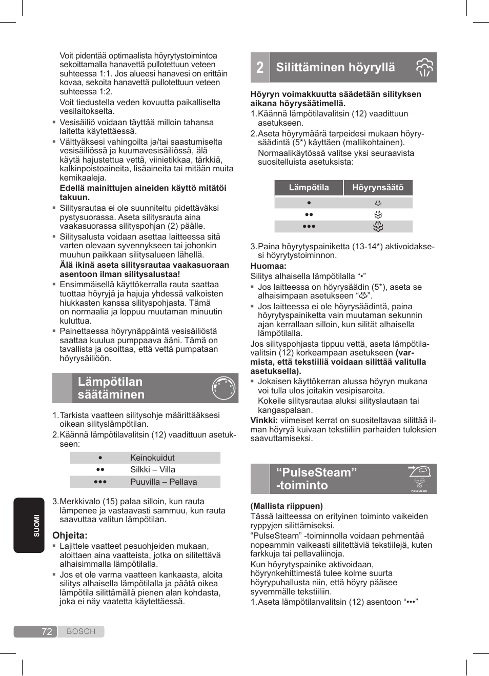 Lämpötilan säätäminen, Silittäminen höyryllä, Pulsesteam” -toiminto | Bosch TDS372410E weiß grün Dampfstation Sensixx DS37 ProEnergy User Manual | Page 72 / 160