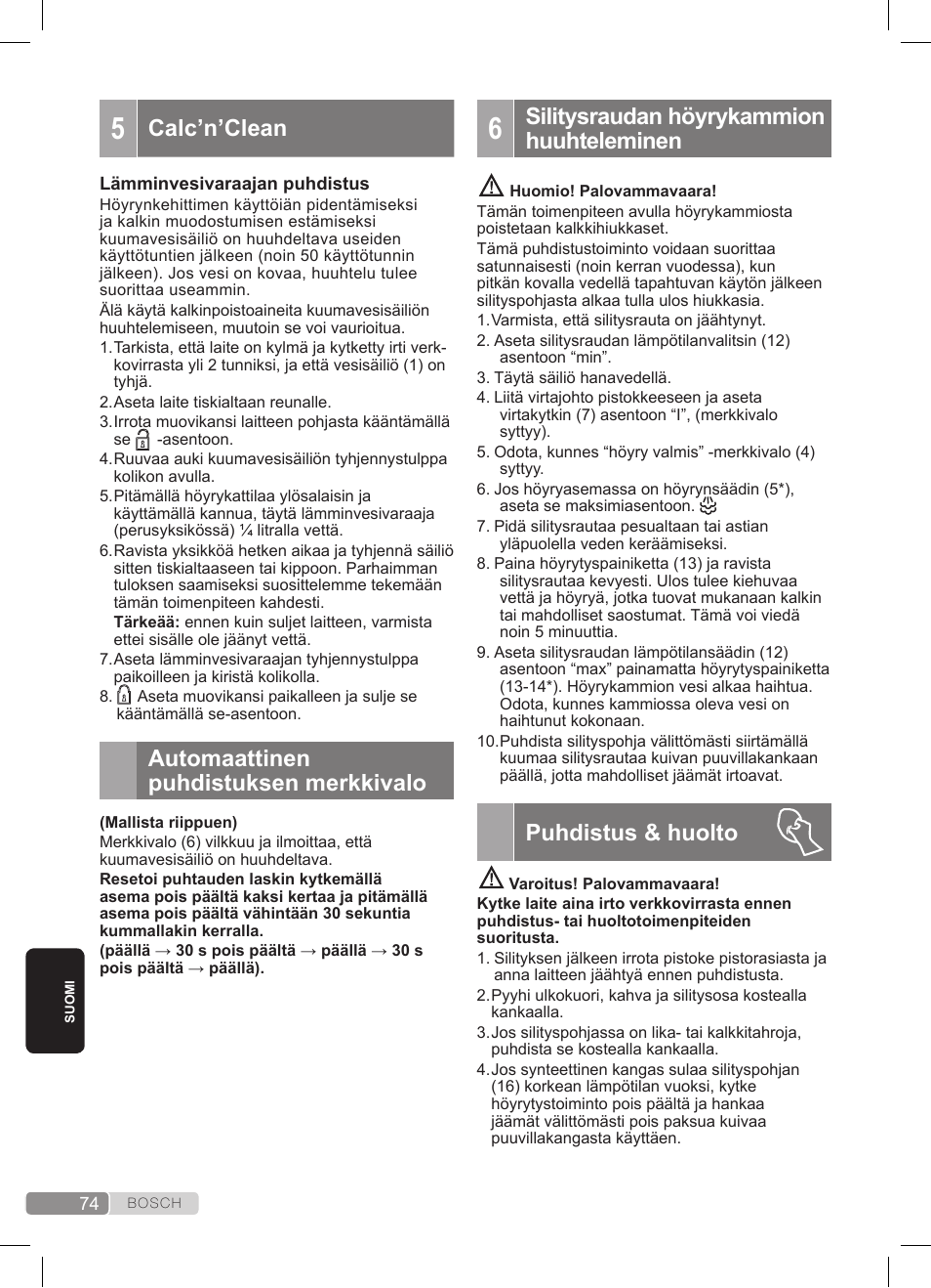 Calc’n’clean, Automaattinen puhdistuksen merkkivalo, Silitysraudan höyrykammion huuhteleminen | Puhdistus & huolto | Bosch TDS372410E weiß grün Dampfstation Sensixx DS37 ProEnergy User Manual | Page 74 / 160
