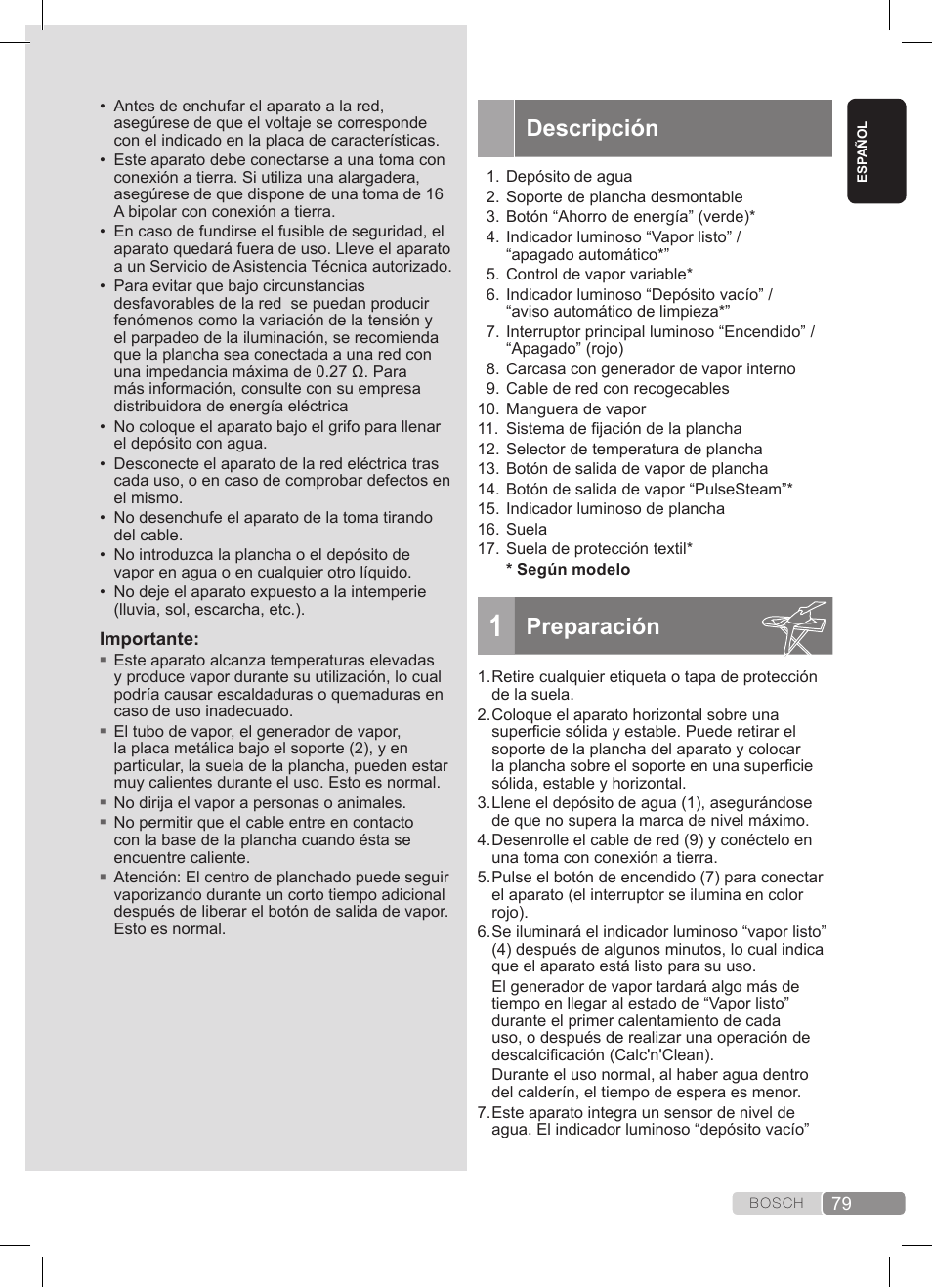 Descripción, Preparación | Bosch TDS372410E weiß grün Dampfstation Sensixx DS37 ProEnergy User Manual | Page 79 / 160