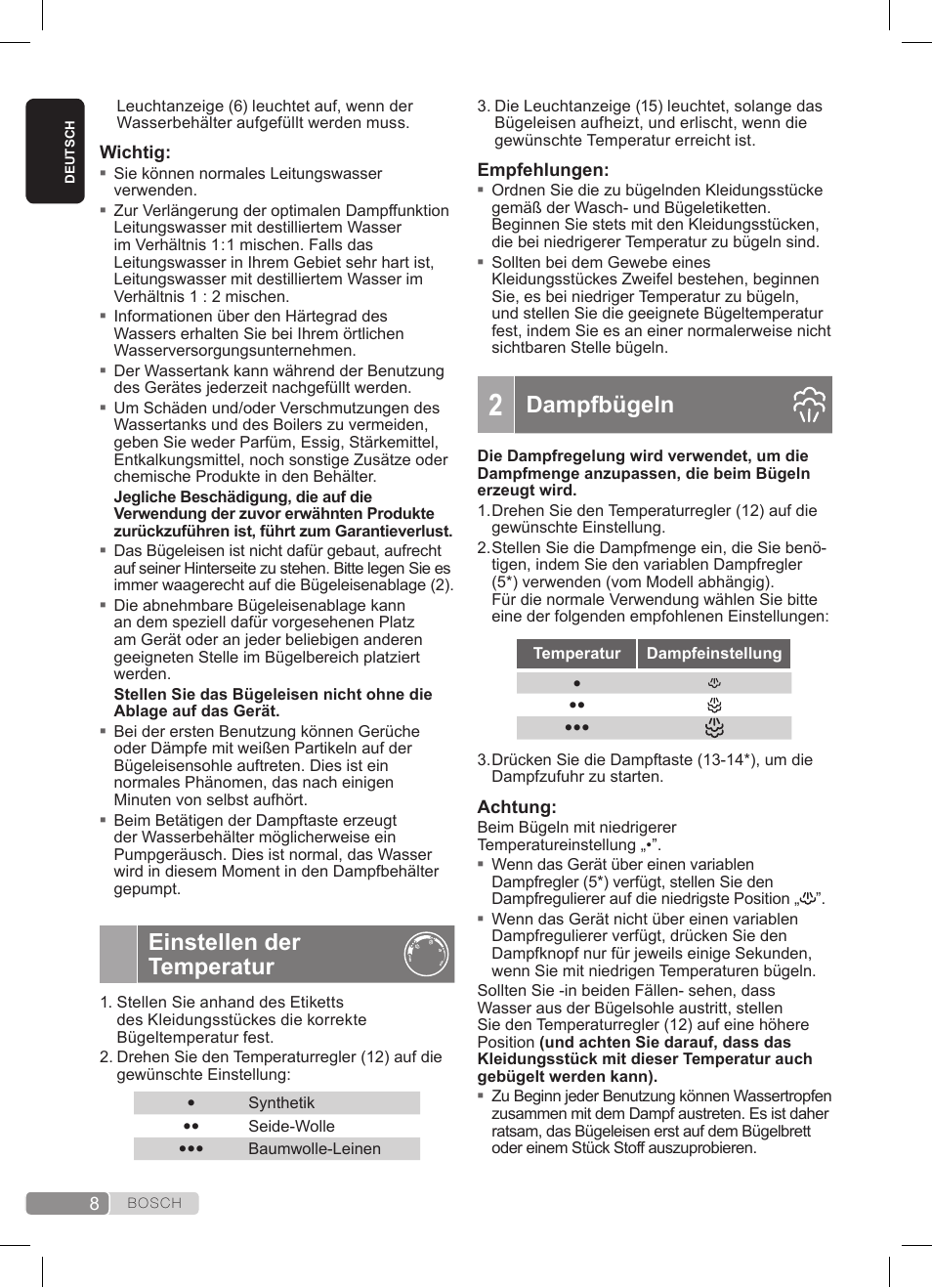 Einstellen der temperatur, Dampfbügeln | Bosch TDS372410E weiß grün Dampfstation Sensixx DS37 ProEnergy User Manual | Page 8 / 160