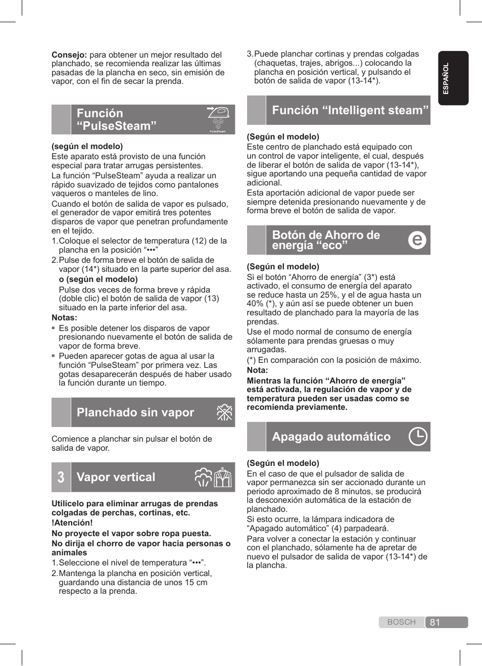 Función “pulsesteam, Planchado sin vapor, Vapor vertical | Función “intelligent steam, Botón de ahorro de energía “eco, Apagado automático | Bosch TDS372410E weiß grün Dampfstation Sensixx DS37 ProEnergy User Manual | Page 81 / 160