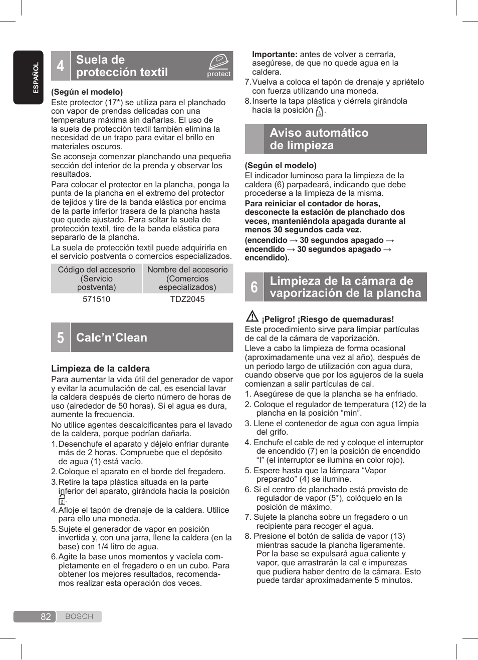 Suela de protección textil, Calc’n’clean, Aviso automático de limpieza | Bosch TDS372410E weiß grün Dampfstation Sensixx DS37 ProEnergy User Manual | Page 82 / 160