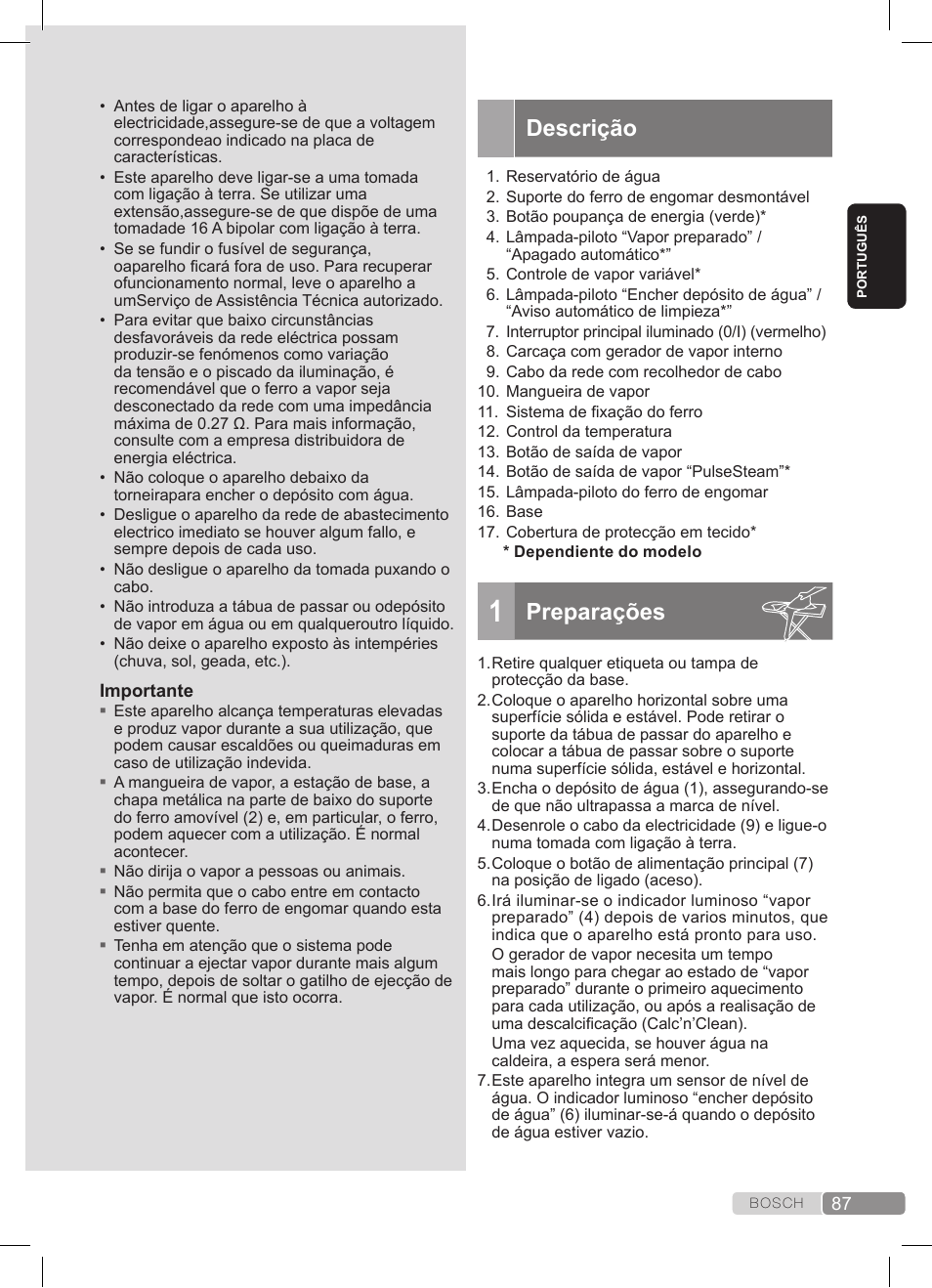 Descrição, Preparações | Bosch TDS372410E weiß grün Dampfstation Sensixx DS37 ProEnergy User Manual | Page 87 / 160