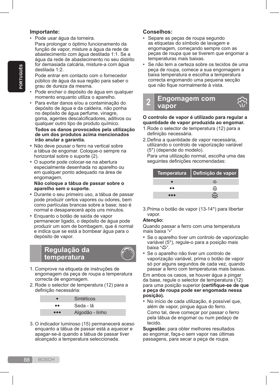 Regulação da temperatura, Engomagem com vapor | Bosch TDS372410E weiß grün Dampfstation Sensixx DS37 ProEnergy User Manual | Page 88 / 160