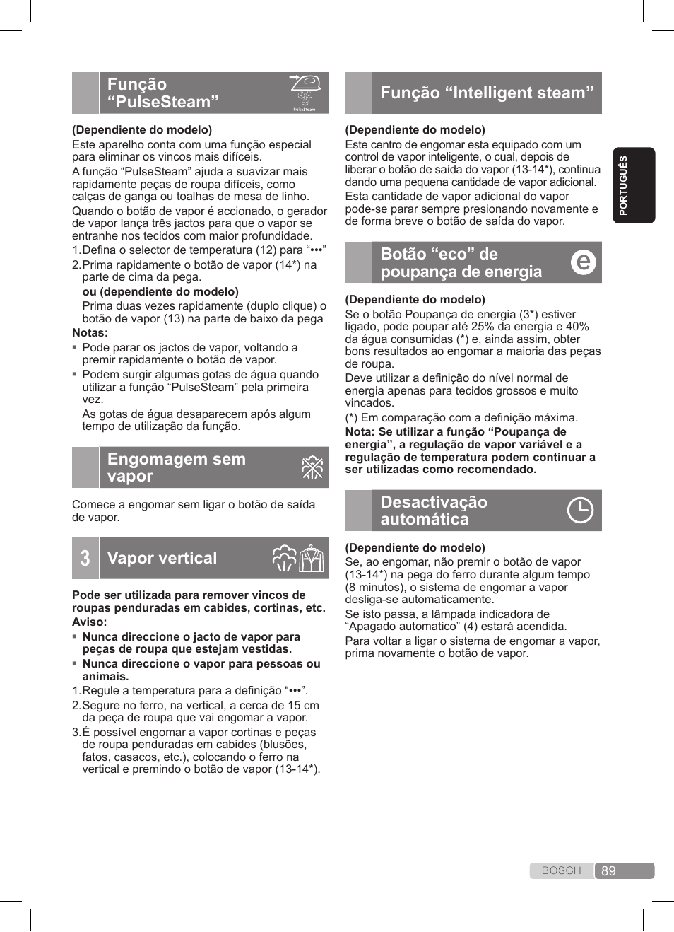 Função “pulsesteam, Engomagem sem vapor, Vapor vertical | Função “intelligent steam, Botão “eco” de poupança de energia, Desactivação automática | Bosch TDS372410E weiß grün Dampfstation Sensixx DS37 ProEnergy User Manual | Page 89 / 160