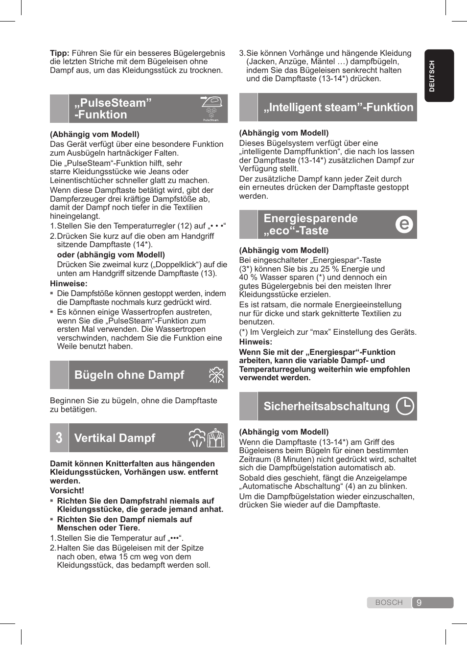 Pulsesteam” -funktion, Bügeln ohne dampf, Vertikal dampf | Intelligent steam”-funktion, Energiesparende „eco“-taste, Sicherheitsabschaltung | Bosch TDS372410E weiß grün Dampfstation Sensixx DS37 ProEnergy User Manual | Page 9 / 160