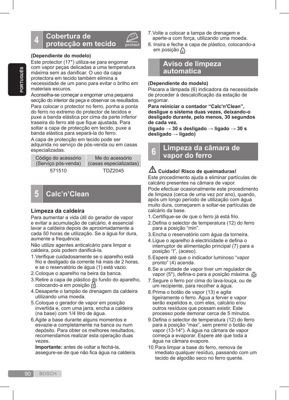 Cobertura de protecção em tecido, Calc’n’clean, Aviso de limpeza automatica | Limpeza da câmara de vapor do ferro | Bosch TDS372410E weiß grün Dampfstation Sensixx DS37 ProEnergy User Manual | Page 90 / 160