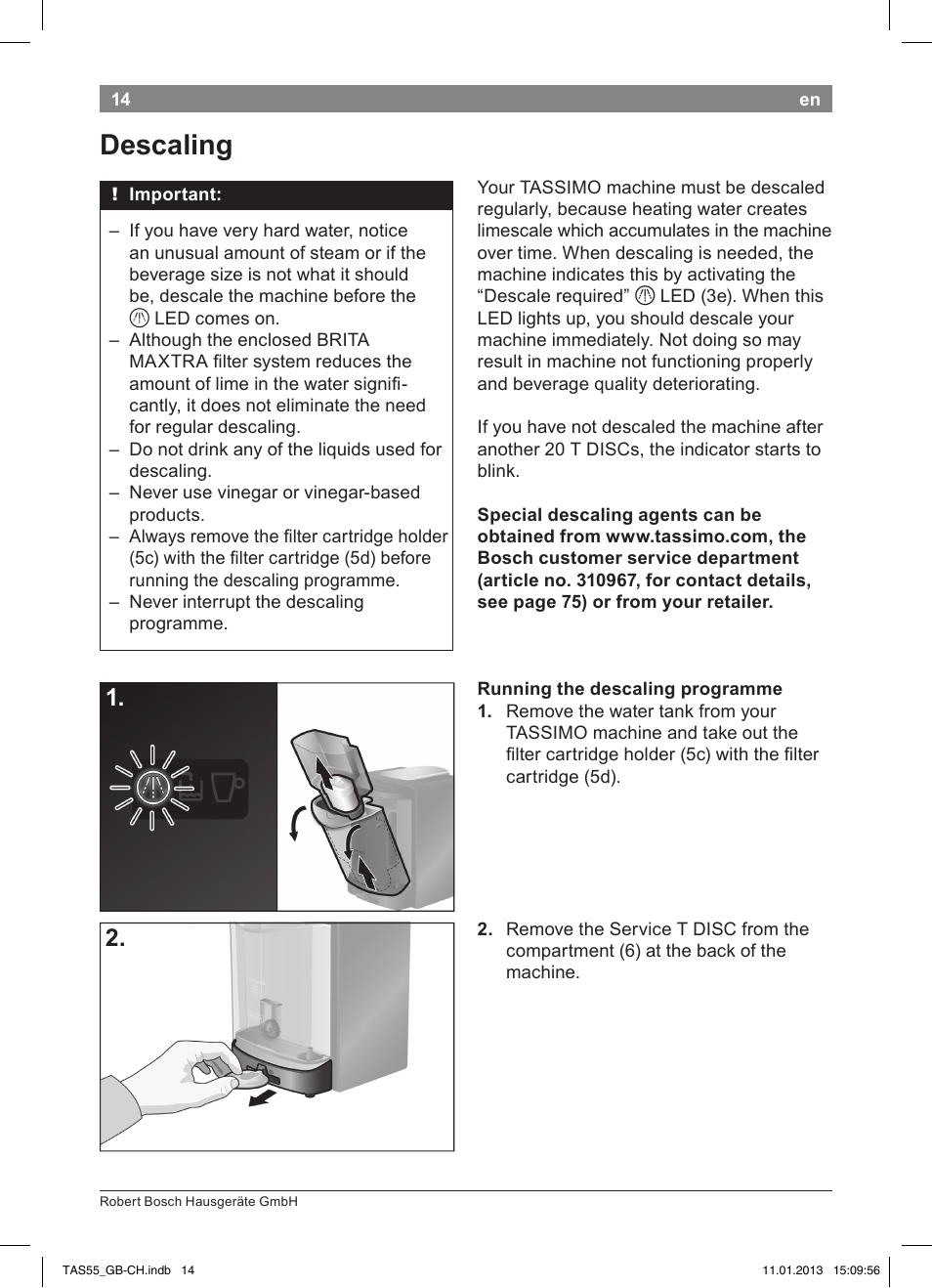 Descaling | Bosch TASSIMO Multi-Getränke-Automat T55 TAS5542 opal black schwarz User Manual | Page 12 / 74