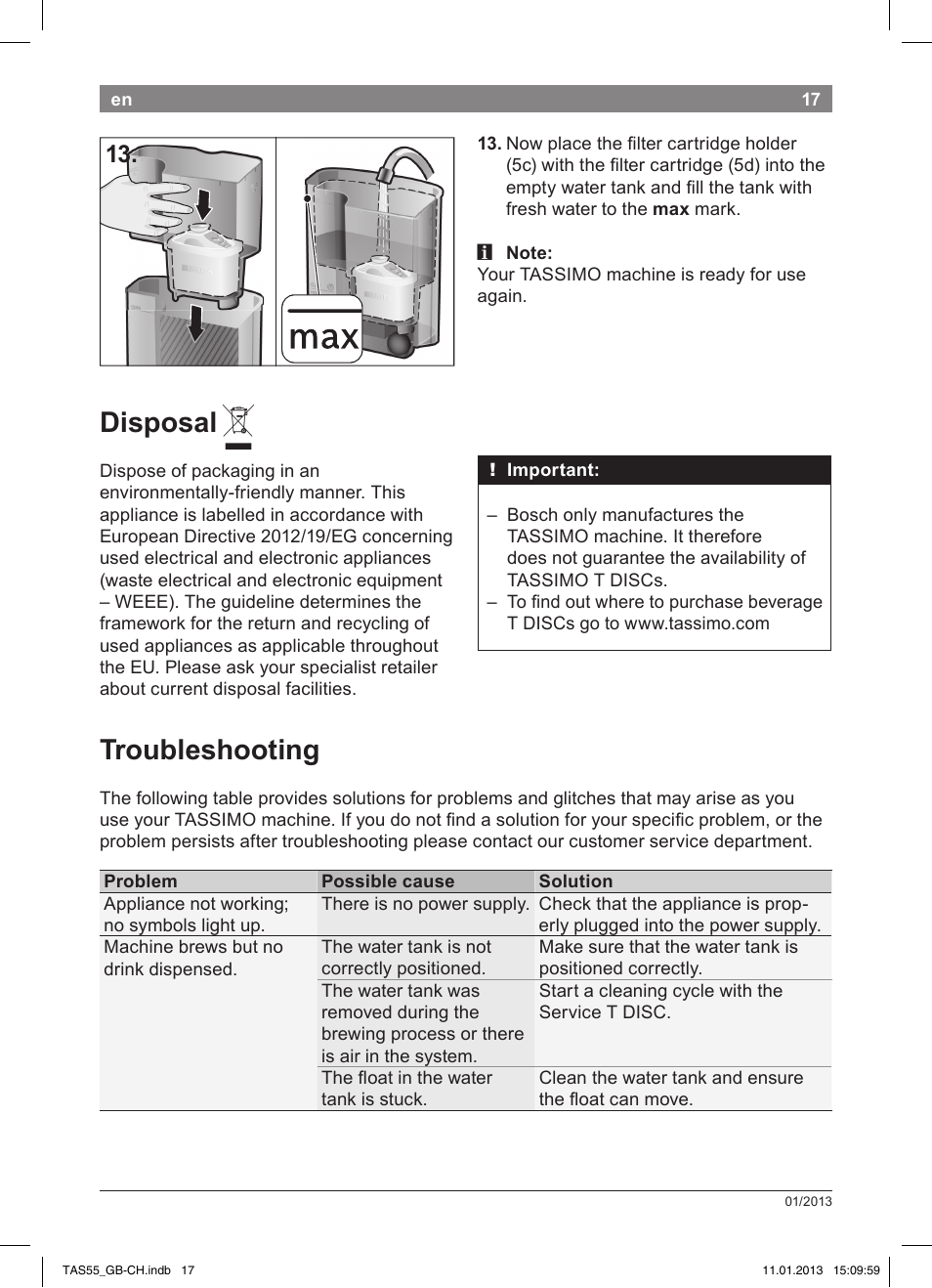 Disposal, Troubleshooting | Bosch TASSIMO Multi-Getränke-Automat T55 TAS5542 opal black schwarz User Manual | Page 15 / 74