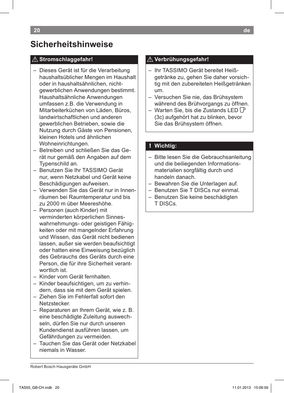 Sicherheitshinweise | Bosch TASSIMO Multi-Getränke-Automat T55 TAS5542 opal black schwarz User Manual | Page 18 / 74