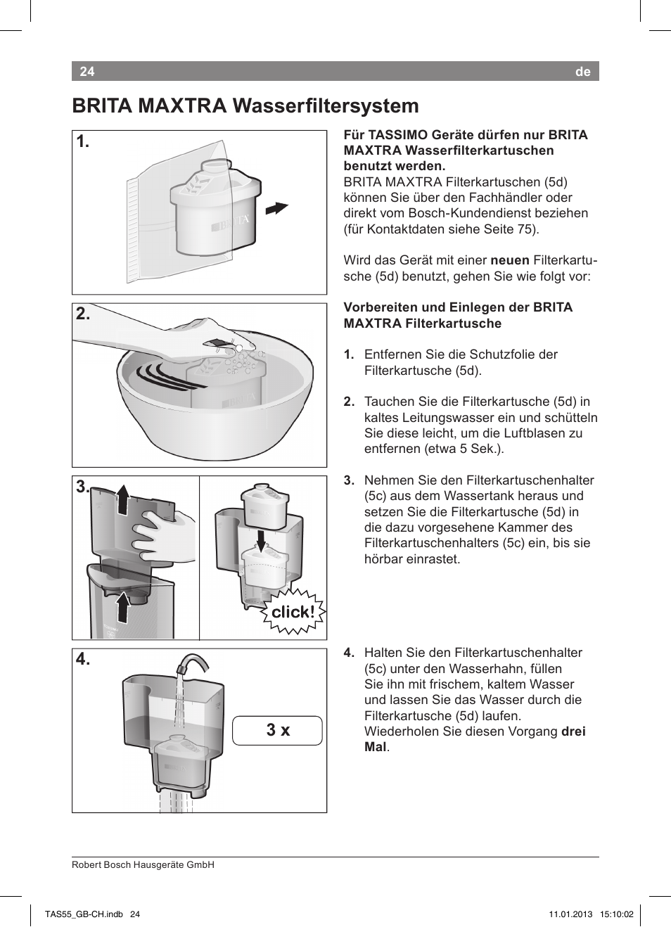 Brita maxtra wasserfi ltersystem, 2. 3. 4. 3 x | Bosch TASSIMO Multi-Getränke-Automat T55 TAS5542 opal black schwarz User Manual | Page 22 / 74