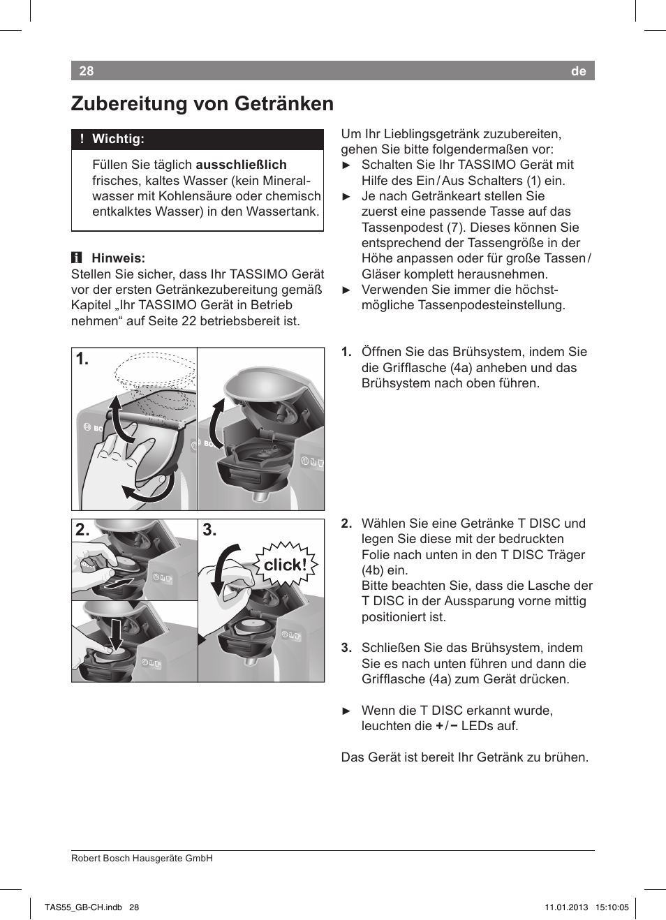 Zubereitung von getränken | Bosch TASSIMO Multi-Getränke-Automat T55 TAS5542 opal black schwarz User Manual | Page 26 / 74