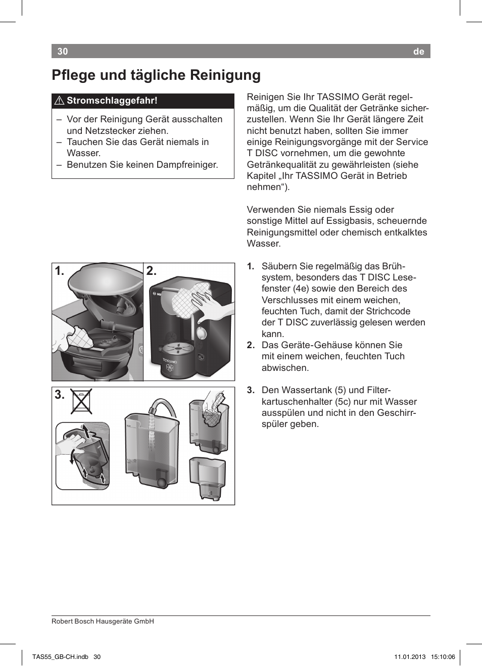 Pﬂ ege und tägliche reinigung | Bosch TASSIMO Multi-Getränke-Automat T55 TAS5542 opal black schwarz User Manual | Page 28 / 74